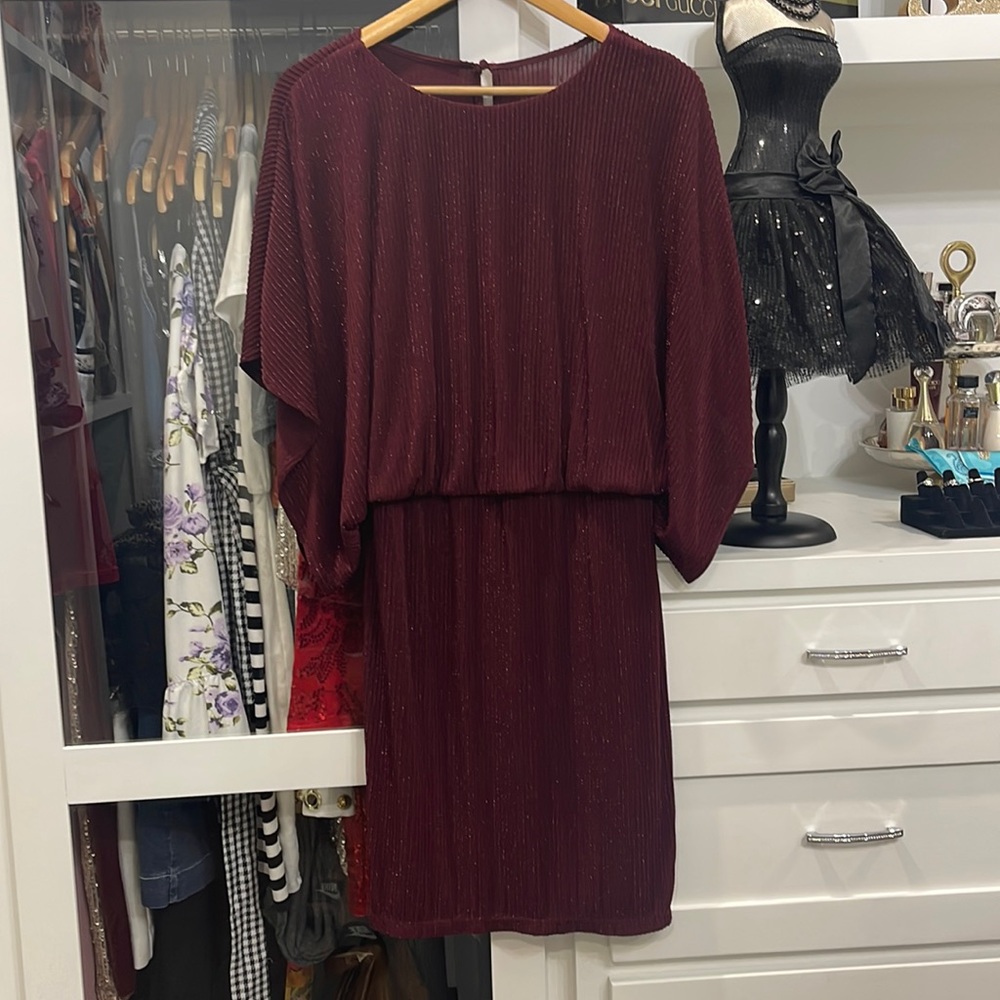 ‼️Metallic Stripe Boat Neck Dolman Elbow Short Sleeve Blouson Dress‼️